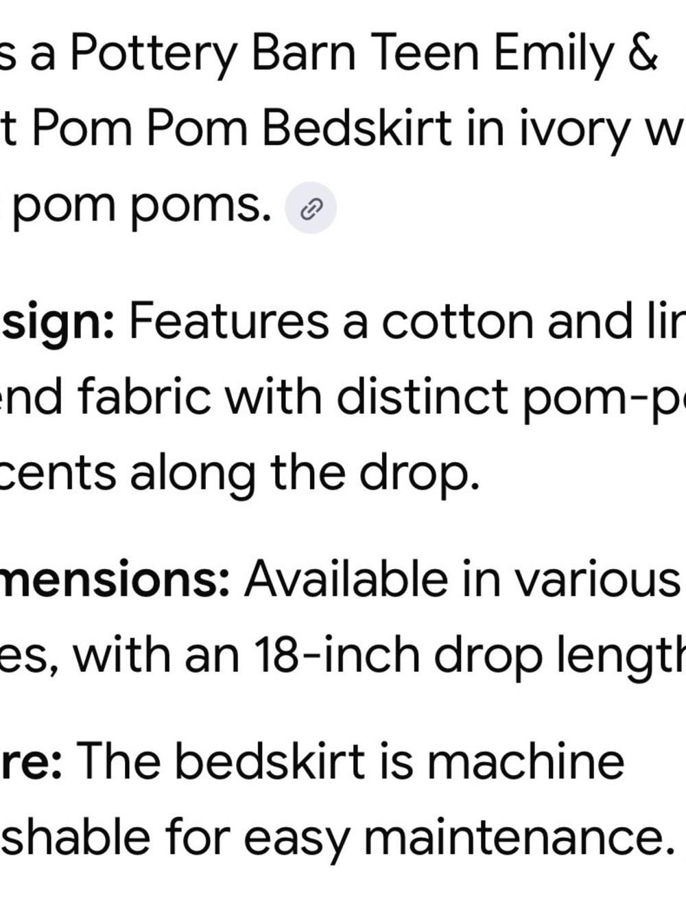 Emily & Meritt Pom Pom Full Bedskirt - Ivory with Black Trim 18” Drop NEW - Picture 4 of 8